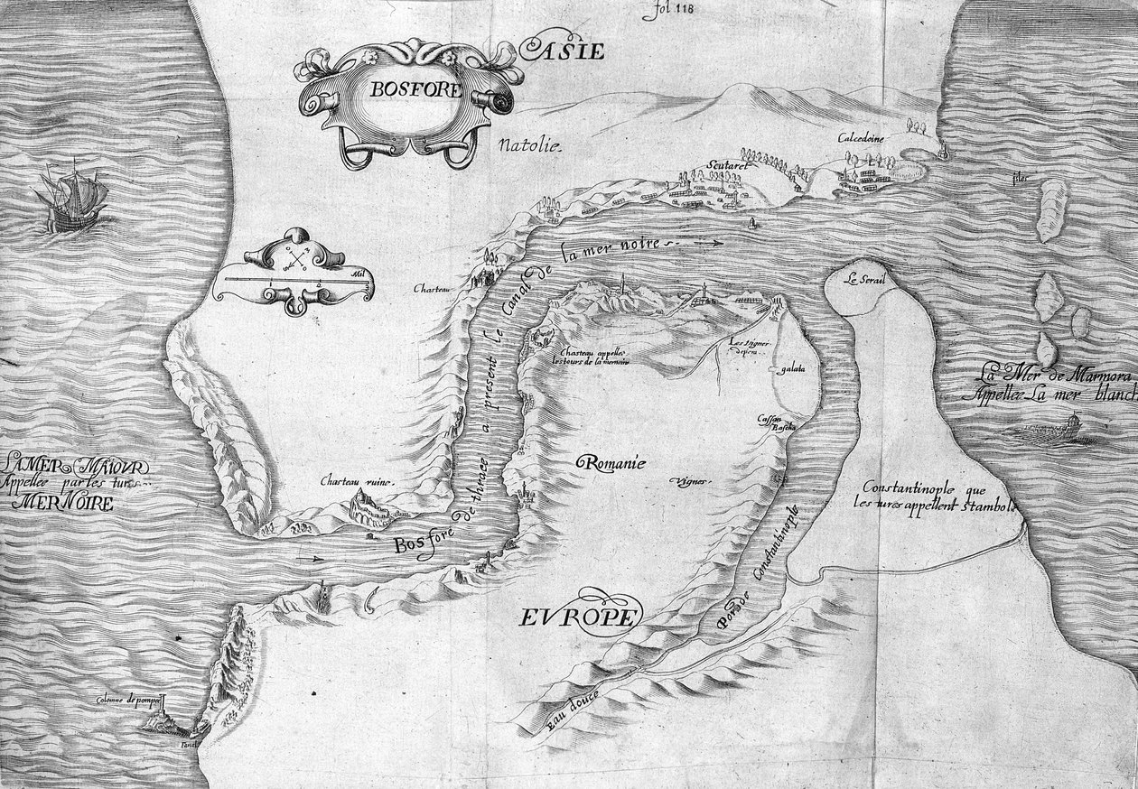 Plan som viser Konstantinopel-stredet (nå Bosporos-stredet (Bosporos) - i "" Voyage de levant laget på kommando av kongen i år 1621", redigert i 1629 (under Ludvig XIII Le Justes regjeringstid) av Unknown artist