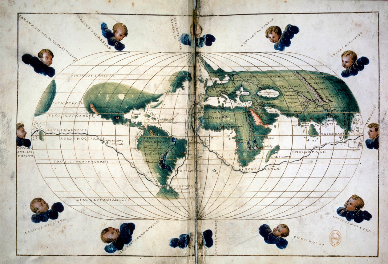 Planisfære (eller verdenskart). Geografisk kart fra Atlas of Battista Agnese (1500-1564), ca. 1543. Paris, B.N. av Unknown artist