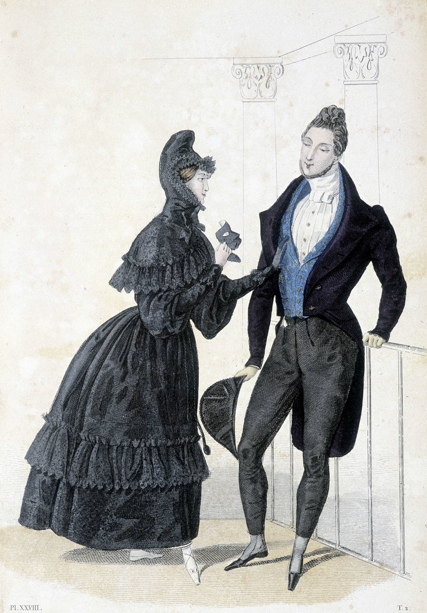 Plate som illustrerer den maskuline og feminine moten på 1830-tallet. Kvinnen har på seg en kjole med hette og holder en ballmaske i hendene. av Unknown artist