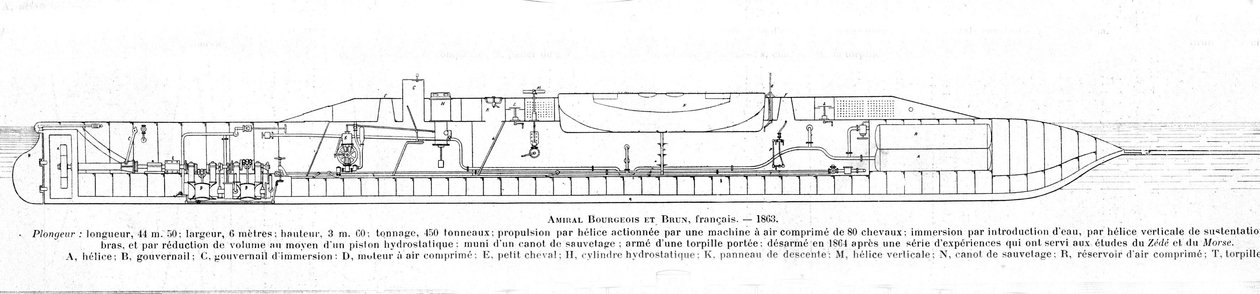 Plate som representerer den franske ubåten (ubåten) Bourgeois og brun av Unknown artist
