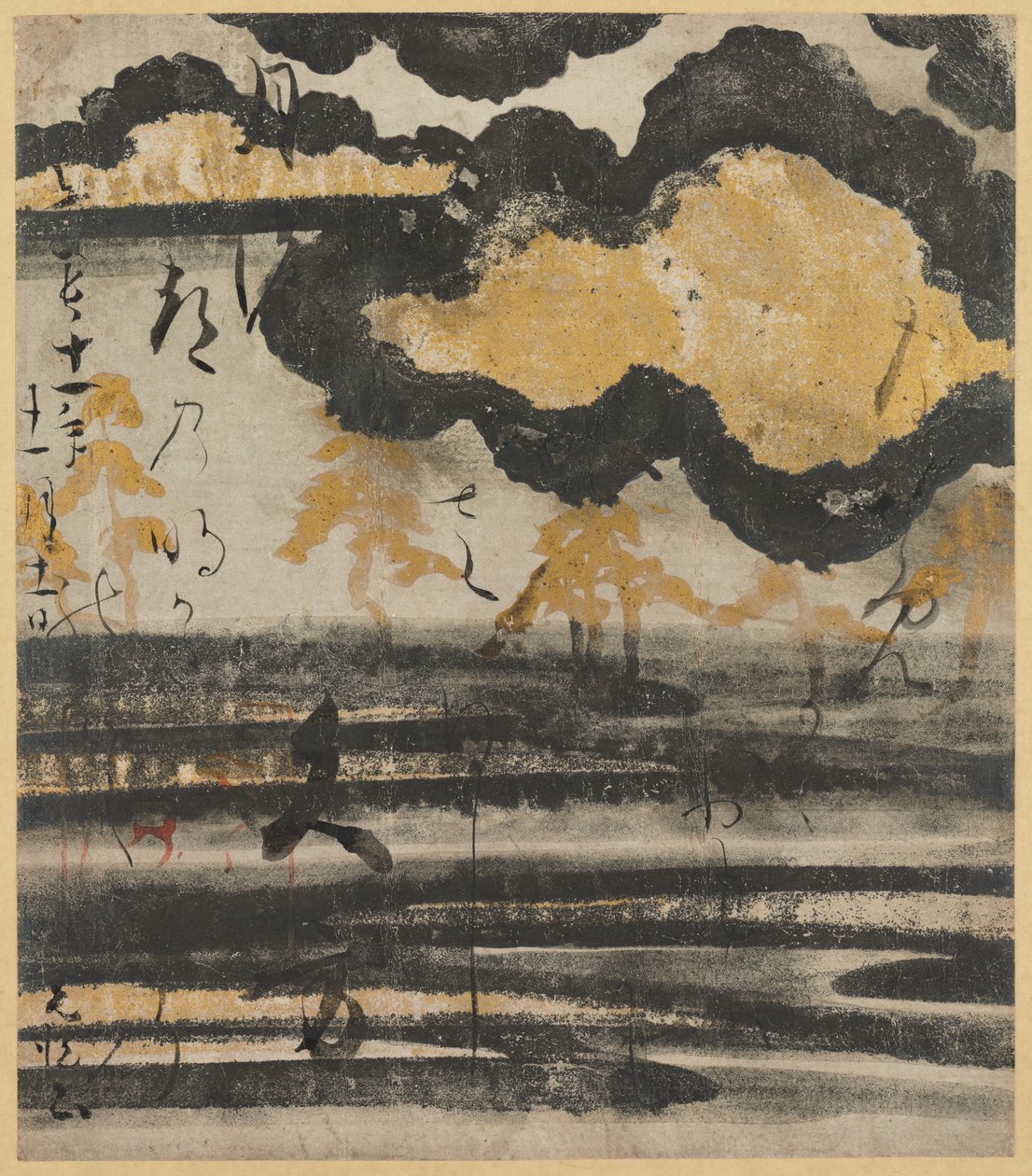 Diktkort fra Shin Kokin wakashu (ny samling av japanske dikt fra eldgamle og moderne tider) med Design of Pine on a Beach av Unknown artist