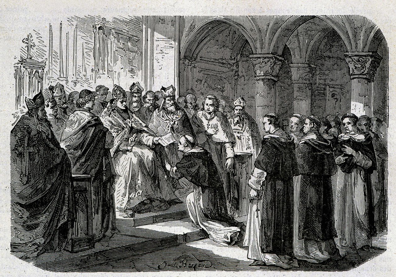 Pave Adrien II (792-872) overleverte til en av sine legater en boble av ekskommunikasjon mot Lord Normand. Gravering - i "" Pavenes historie"", sd. 1800-tallet. av Unknown artist
