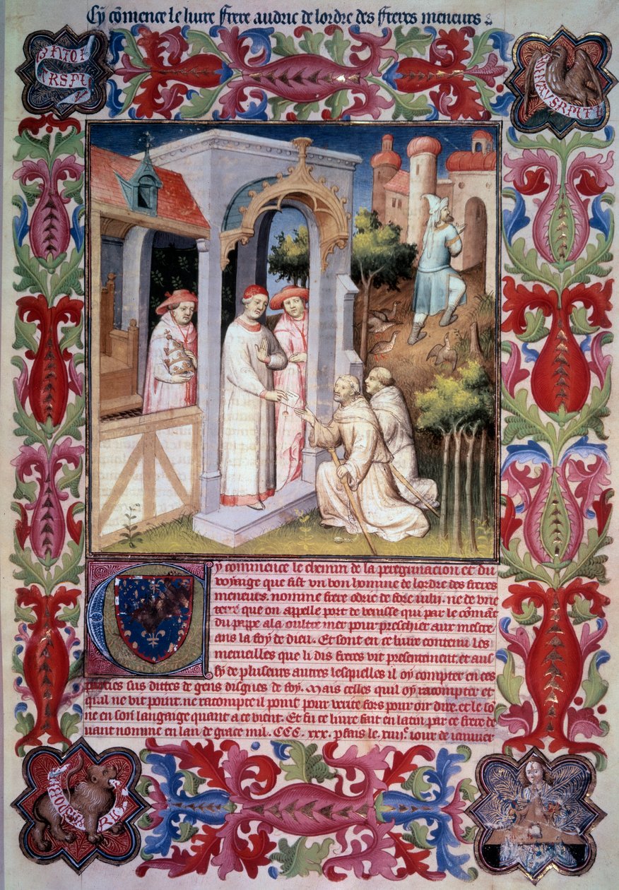 Pave Johannes XXII betror Odoric av Pordenone (franciskansk) oppdraget med å evangelisere Oversjøisk hav. Menn som leder rapphøns til Trabzon. Våpen og emblem til Jean Without Fears. Jean de Berrys våpen. Miniatyr i "" Itinerarium. Underverkenes bok", av Unknown artist