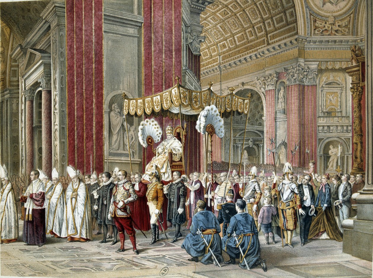 Pave Pius IX (1792-1846) dro til åpningsseremonien den 08.12.1869 av det første Vatikankonsilet i Peterskirken. Det er på Sedia Gestatoria. Illustrasjon av perioden. av Unknown artist