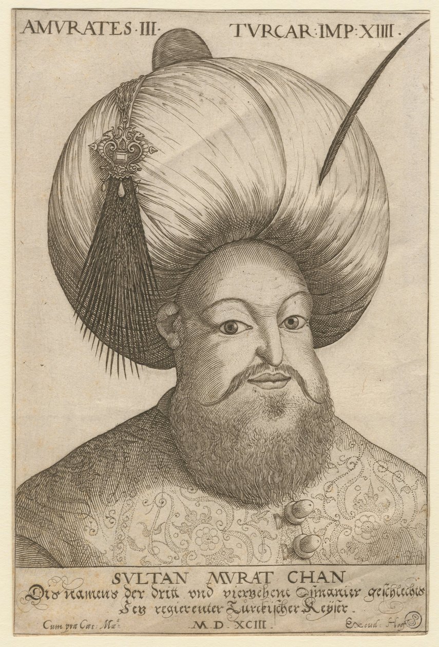 Portrait de Mourad III (1546-1595), sultan ottoman - Murad III (1546-1595), Sultan fra det osmanske riket - Anonym - 1593 - Etsning - 18,5x12,3 - Privat samling av Unknown artist