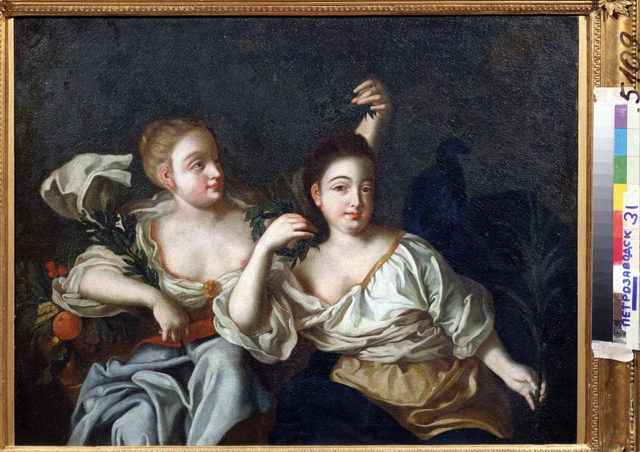 Portrett av døtrene til keiser Peter den store (Portrett av døtrene til Peter den store). Anonymt maleri. Olje på lerret, 69 x 84 cm, tidlig 1700-tall. Statens kunstmuseum for Republikken Karelia, Petrosavodsk (Republikken Karelen). av Unknown artist