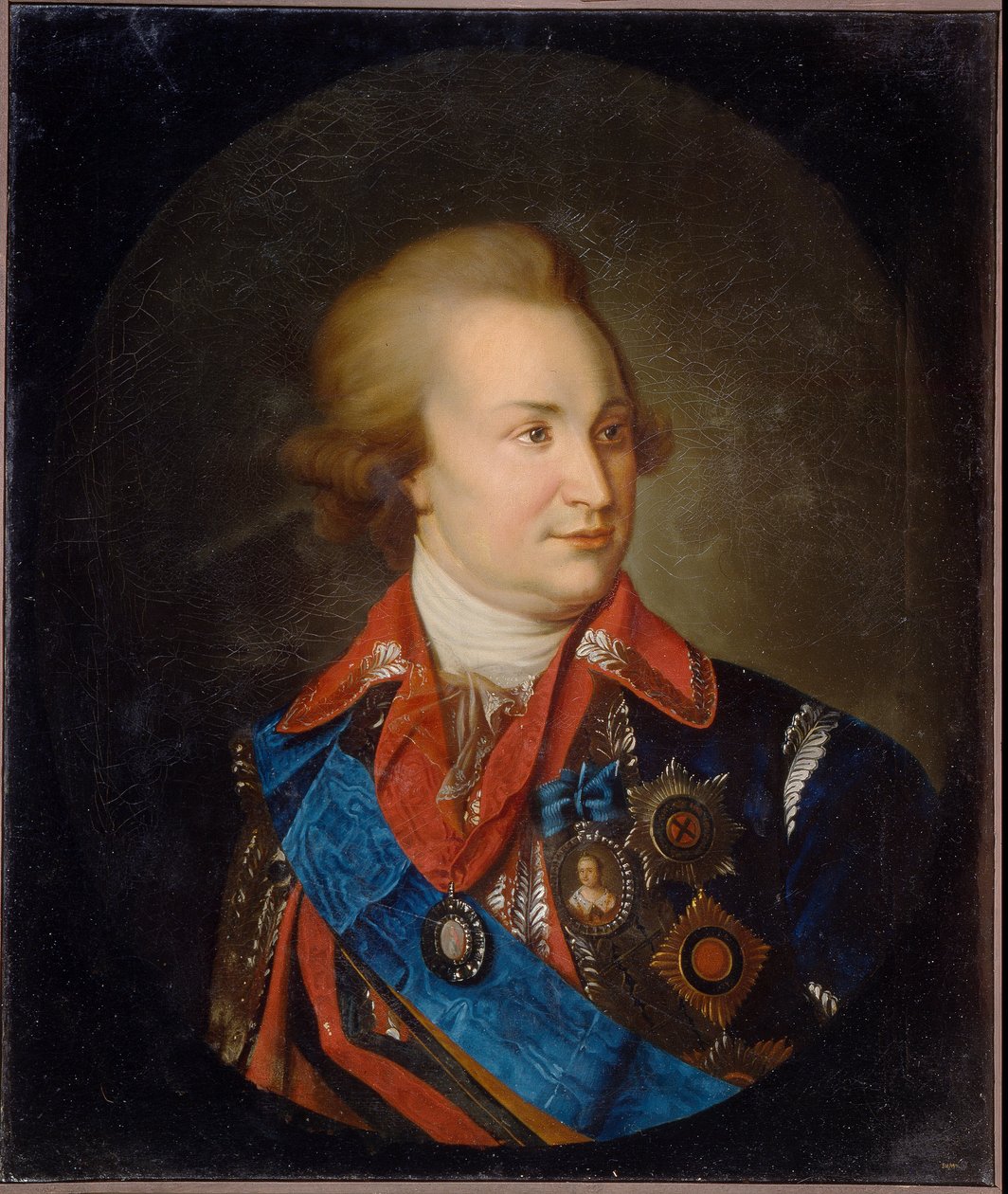 Portrett av prinsen av Tauris, generalmarskalk og statsmann, Grigori Aleksandrovich Potemkin (eller Potiomkin) (1739-1791). (Portrett av prins Tauris, generalfeltmarskalk, statsmann G. A. Potyomkin). Favoritten til tsarina Catherine II (1729-1796). Pe av Unknown artist