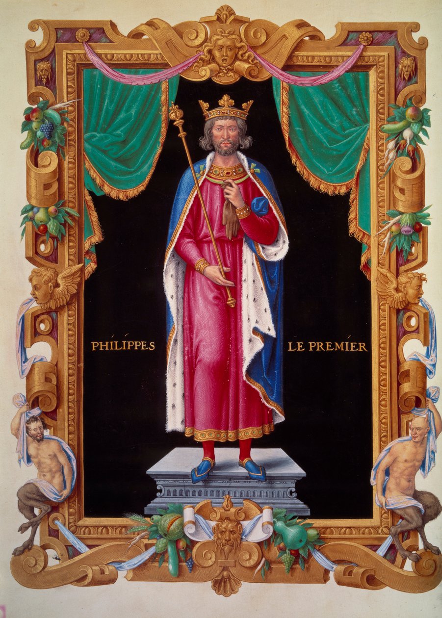 Portrett til fots av kongen av Frankrike Filip I (1052-1108). Miniatyr i "" Samling av kongene av Frankrike"" av Jean du Tillet av Unknown artist