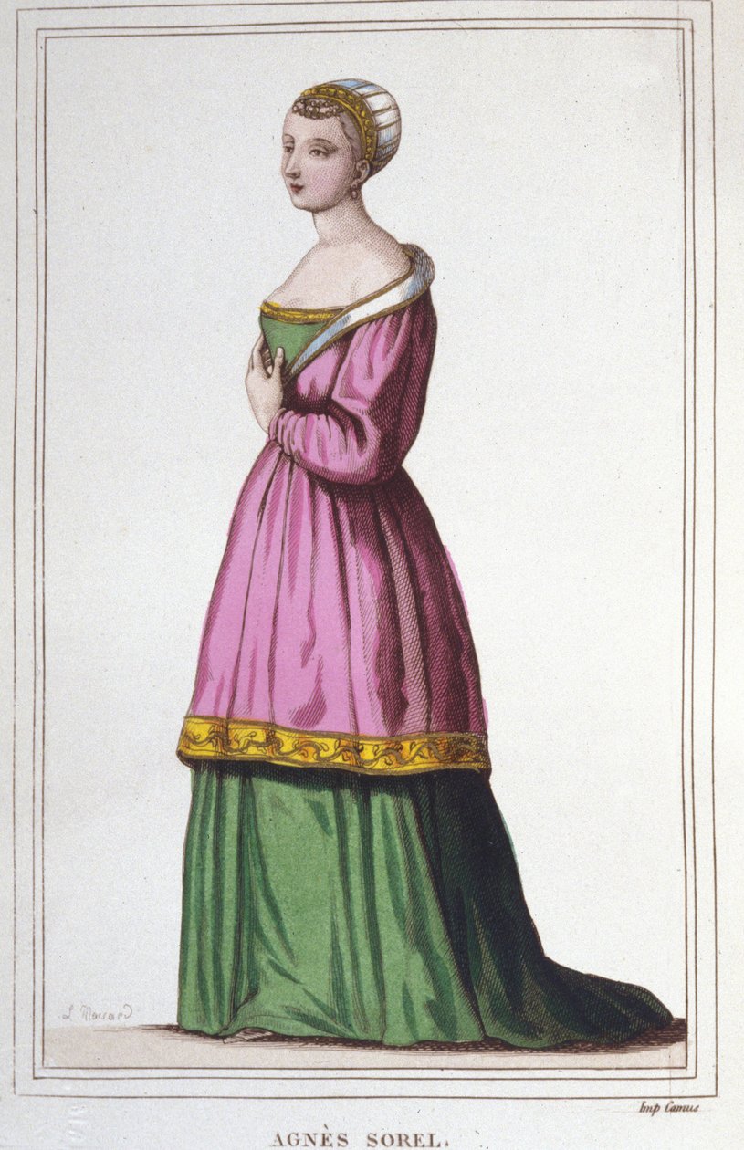 Portrett av Agnes Sorel (1422-1450) (Lady of Beaute sur Marne) (Beaute-sur-Marne). Favoritt til kong Charles VII. gravering fra 1830 av Unknown artist