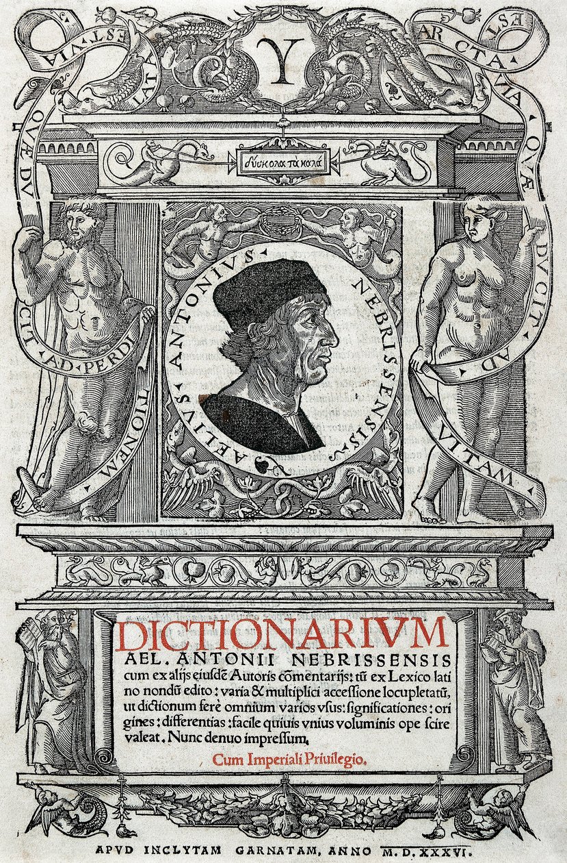 Portrett av Antonio Martinez de Cala sa Antonio de Nebrija (1441-1522) spansk humanist og grammatiker. Guardpage av hans ordbok, utgitt i 1536. Nasjonalbiblioteket i Madrid. av Unknown artist