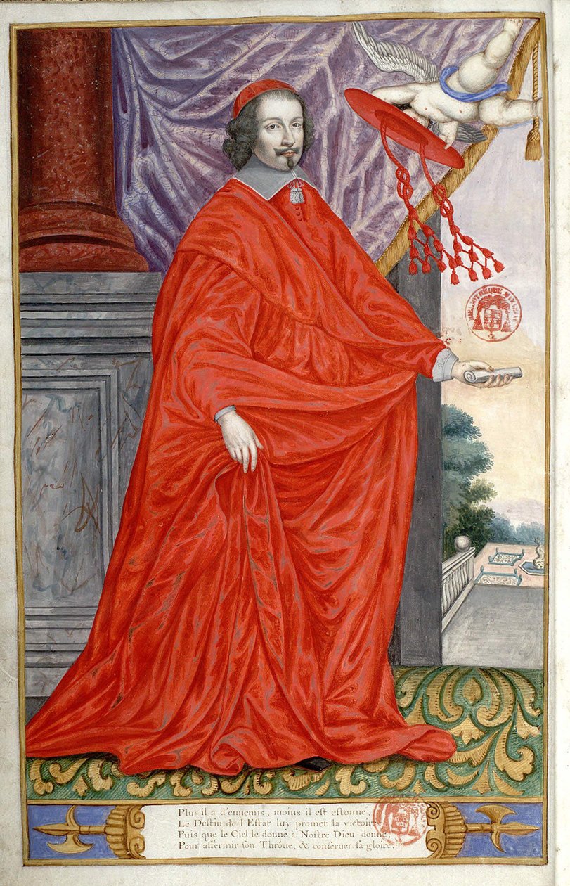 Portrait of Cardinal Jules Mazarin (Giulio Raimondo Mazzarino or Mazarino) (1602-1661). Portrait painted on vellum in Jean Puget de La Serre, Panegyric of the illustrious men of our time. 1655 av Unknown artist