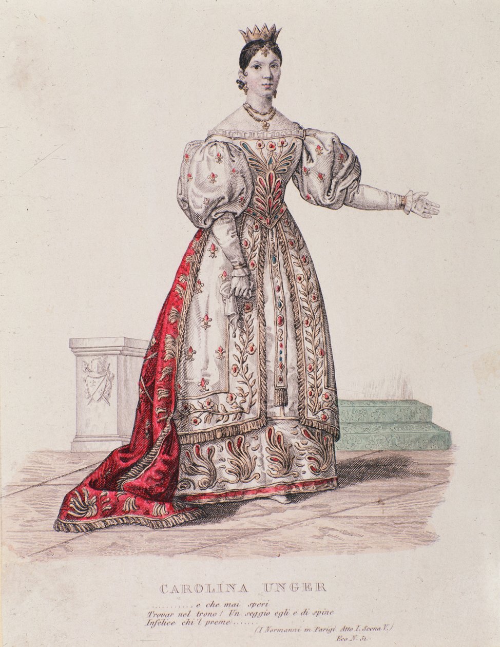 Portrett av Caroline Ungher (Unger) som opptrer i I Normanni a Parigi (gravering) av Unknown artist