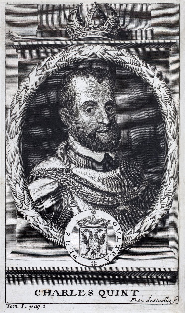 Portrett av Karl V (1500-1558), konge av Spania og Spansk Amerika, konge av Sicilia og keiser av Det hellige romerske rike germansk (1519-1556). Gravering for å illustrere "History of the War of Flanders", av Flamianus Strada, utgave Joseph T