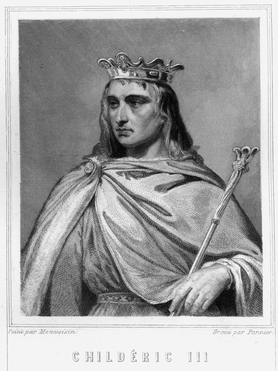 Portrett av Chilperic II (? - 755), kongen av frankene, den første av karolingerne - i "Histoire des Francais" av Lavallee, gravering, sd. av Unknown artist
