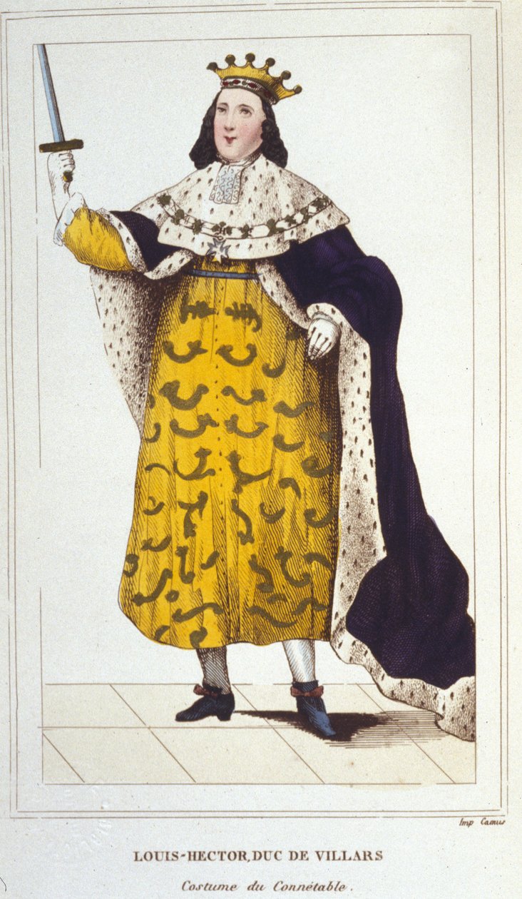 Portrett av Claude, Louis, Hector, hertugen av Villars, Maréchal av Frankrike i kostyme av Connetable (1653-1734) gravering av 1830 av Unknown artist