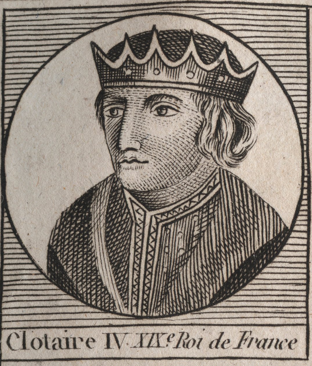 Portrett av Clothaire (Clothaire) IV (ca. 685-719), konge av frankene av Austrasia fra 717 til 719 - Chlothar IV (eller Chlotar) konge av Frankene - gravering fra "" Instruction sur l