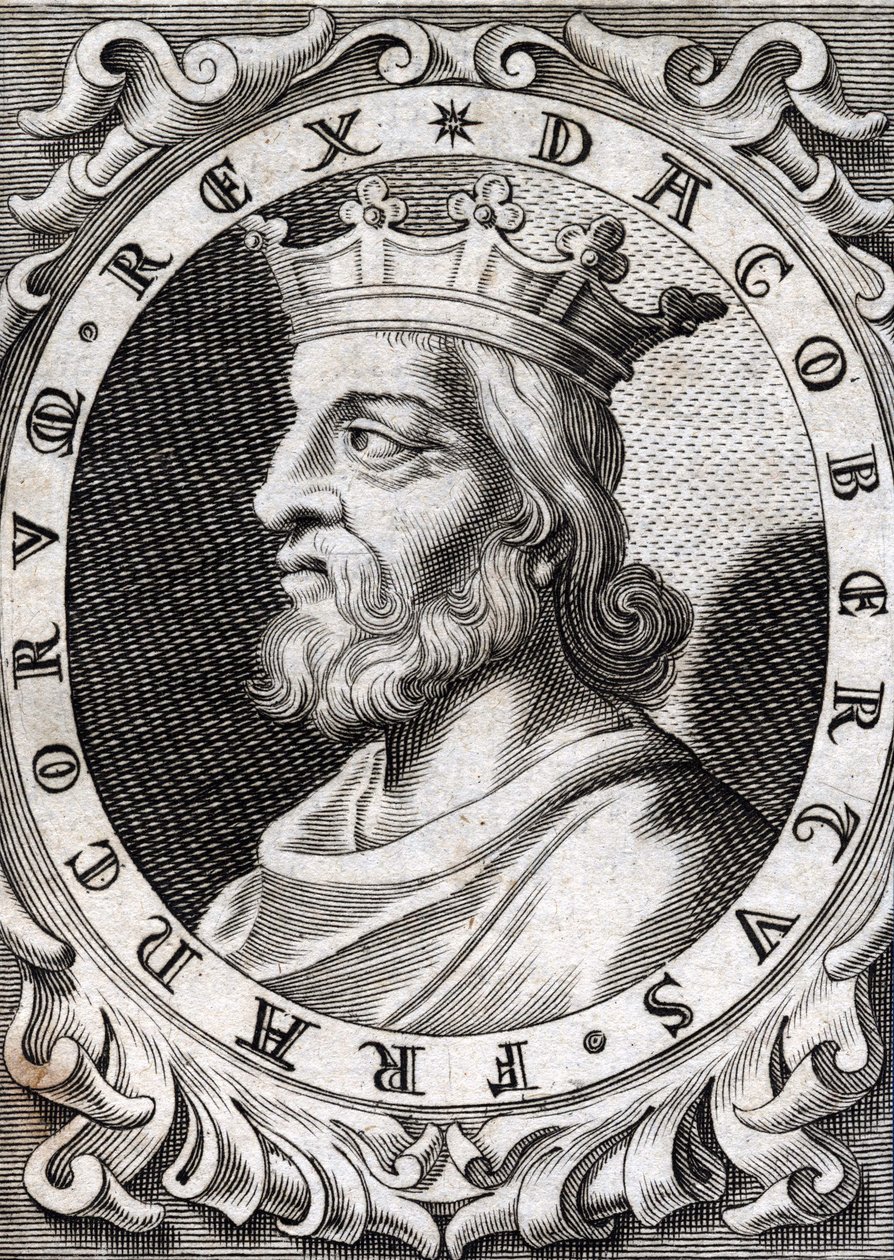 Portrett av Dagobert I (? - 639), kongen av frankerne, Merovingerdynastiet. Gravering fra 1700-tallet av Unknown artist