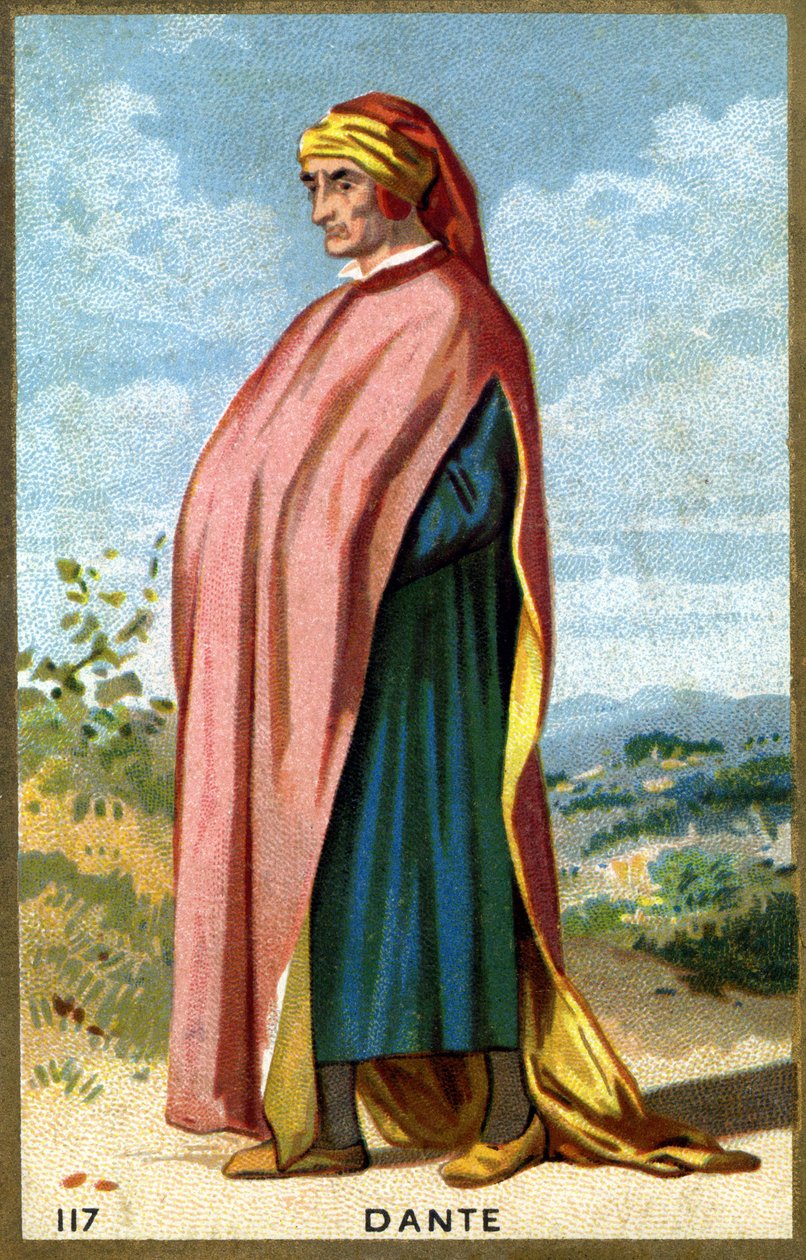Portrett av Dante Alighieri, dit Dante (1265 - 1321), italiensk poet. Kromolitografi fra 1800-tallet. av Unknown artist