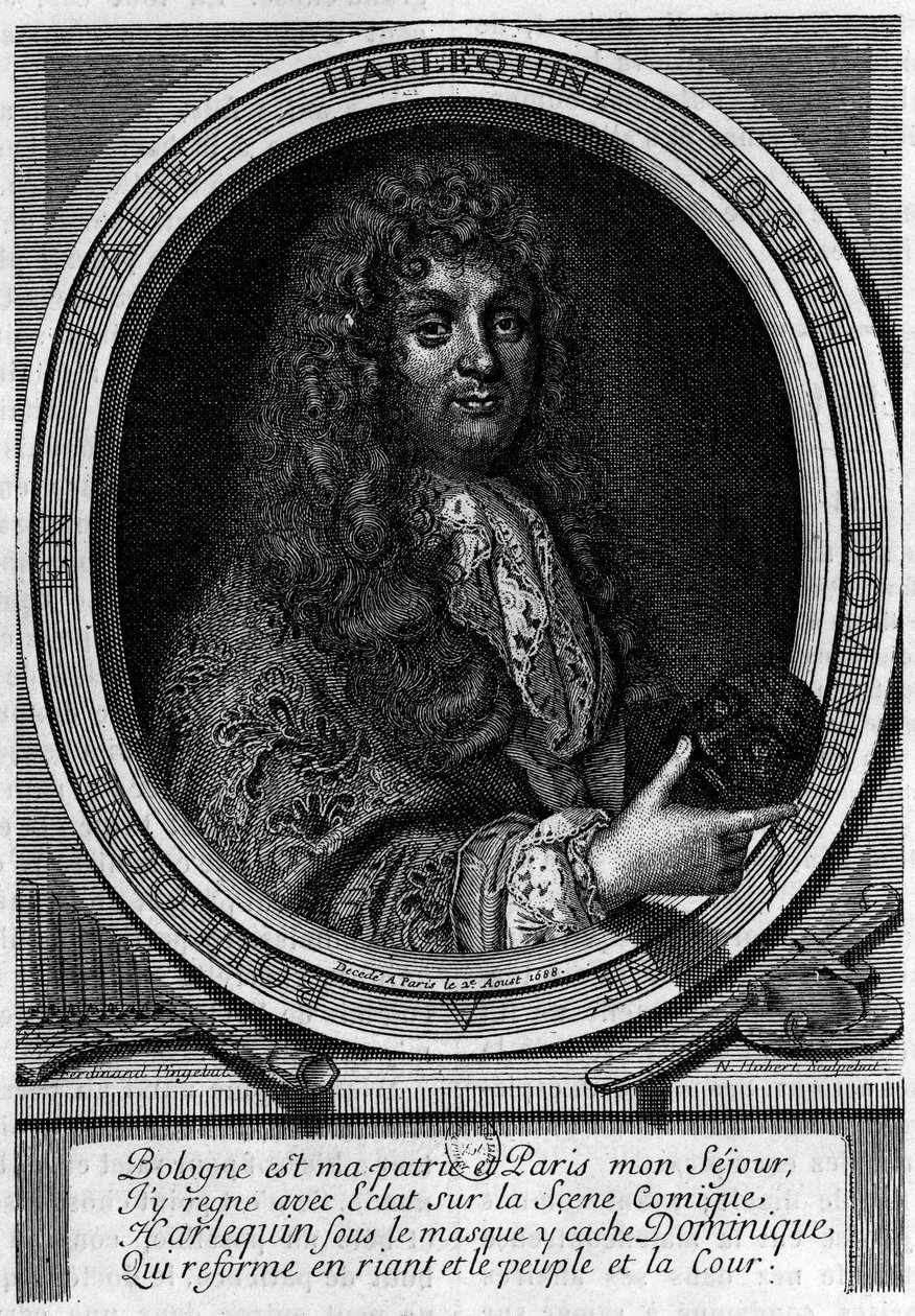 Portrett av Dominique (Domenico Giuseppe) Biancolelli (1640-1688) skuespiller, han skapte karakteren til Harlequin (Arlechino) som han fremførte. Han var en del av troppen som Mazarin brakte til Paris i 1660 til Comedie-Italiana. av Unknown artist