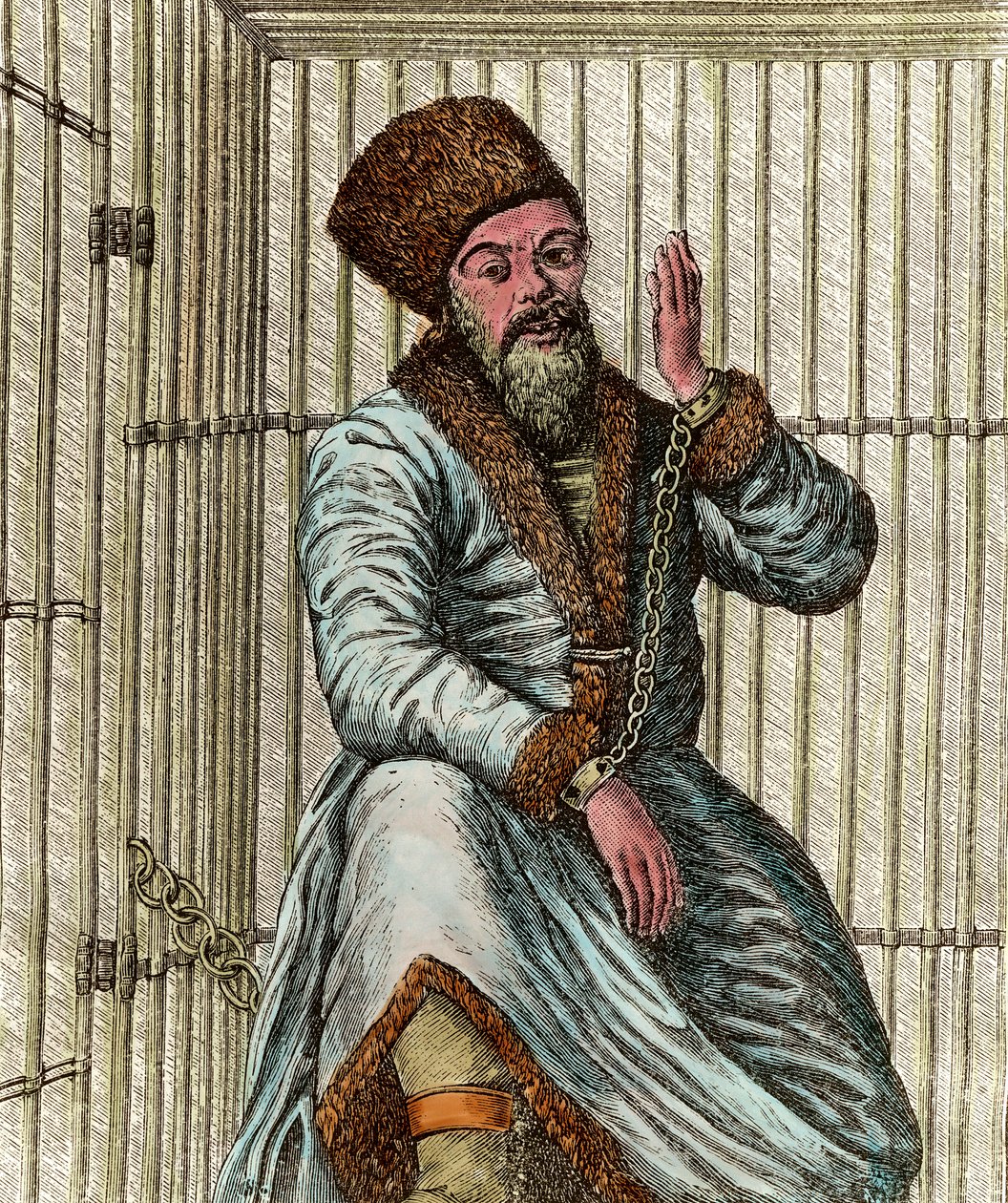 Portrett av Emelian Ivanovich Pugachev (Yemelian eller Emilian Pugachev) (1742-1775), kosakkleder under den russiske bondekrigen 1773-1775 (Jacquerie av Yaik-kosakkene), fengslet i buret sitt og viser folket av Unknown artist