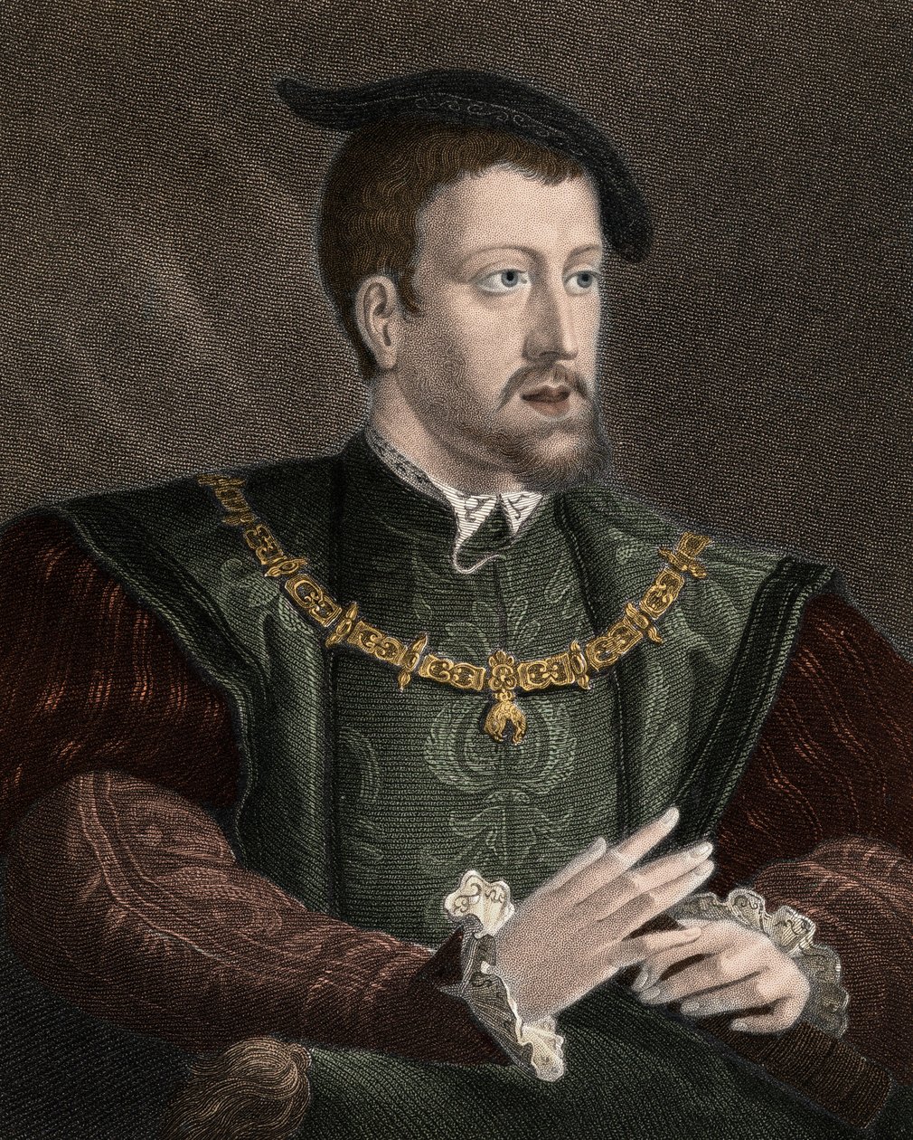Portrett av keiser Charles V (1500-1558) med halskjedet av Order of Golden Fleece - Charles V (1500-1558) bærer kjeden av Order of the Golden Fleece rundt halsen - gravering - 1800-tallet av Unknown artist