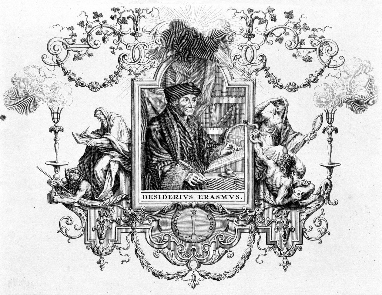 Portrett av Erasmus med hans skrift - gravering av Unknown artist