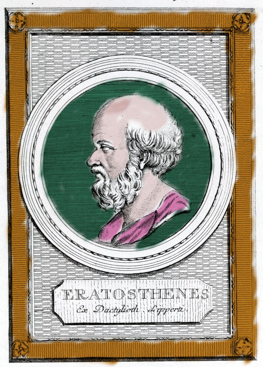 Portrett av Eratosthene av Kyrene (ca. 284 f.Kr. - 194 f.Kr.), gresk vitenskapsmann, geograf og poet. Han var direktør for Alexandria-biblioteket og regnet ut målingen av den jordiske meridianen. Portrett av etterpå: "Galleria degli antichi greci e romani" av Unknown artist