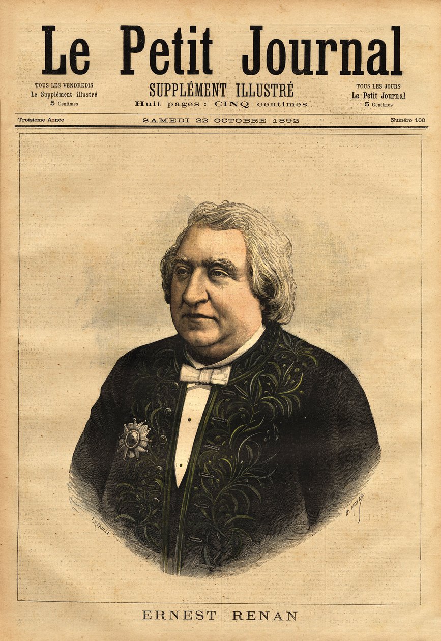 Portrett av Ernest Renan (1823-1892), forfatter, filolog, filosof og historiker. Populær forfatter av "The Life of Jesus", som inneholder denne kontroversen om en biografi om Jesus, omgjort som den til en vanlig mann, og at Bibelen må være kritisk av Unknown artist