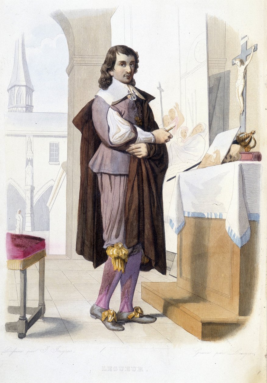 Portrett av Eustache Le Sueur, fransk maler (1616-1655). på verkstedet hans - i "Den franske Plutarch", av Mennechet av Unknown artist