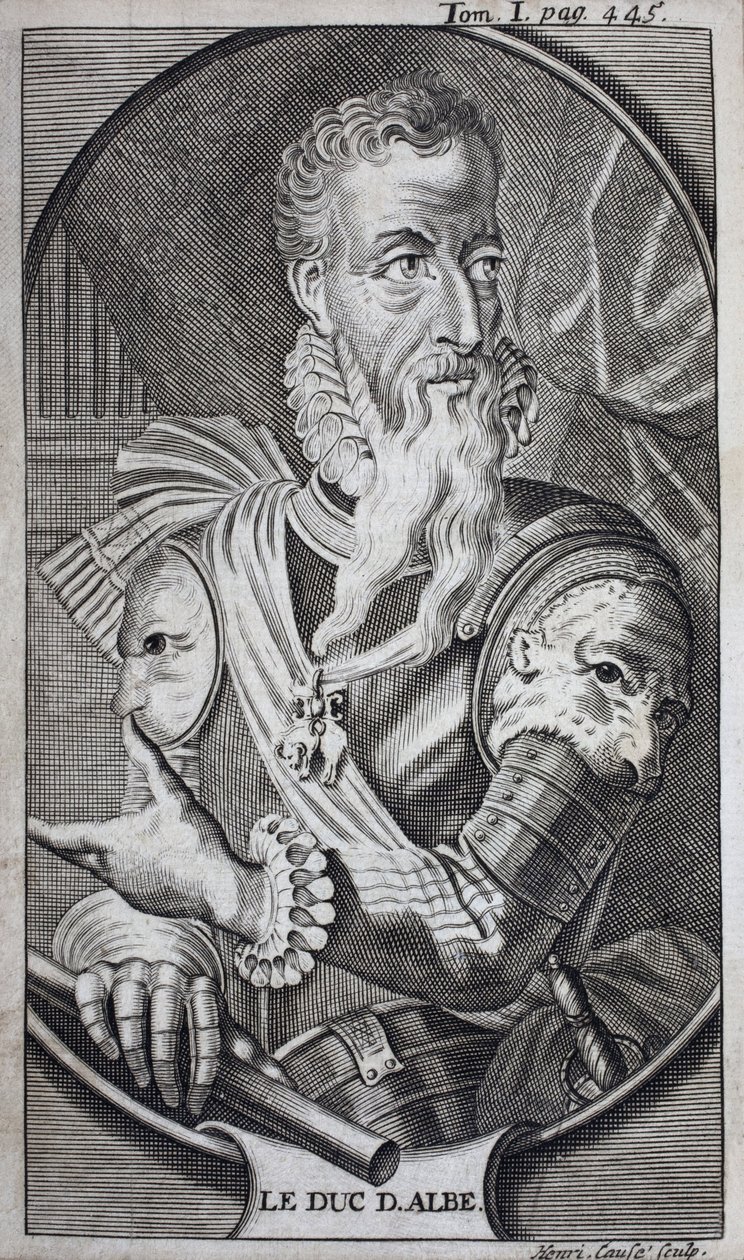 Portrett av Ferdinand Alvare de Toledo (1507-1582), tredje hertug av Alba, Grand of Spain, hertug av Huescar, markis av Korea, greve av Salvatierra, visekonge av Napoli, Italia og guvernør i Nederland. Gravering for å illustrere «History of t av Unknown artist
