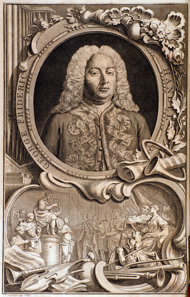 Portrett av Georg Friedrich Handel (ou Handel) (1685-1759) Frontispice av "" Alexanders fest "" "1700-tallet. Bologna, borgerlig bibliografisk museum av Unknown artist