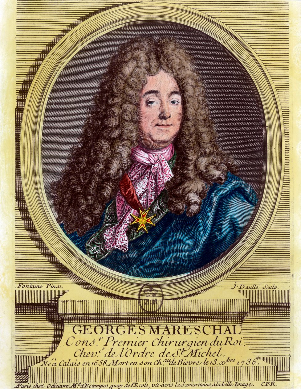 Portrett av Georges Marechal (1658 - 1736), kongens første kirurg fra 1703 - 1719. Gravering fra 1700-tallet. Privat samling. av Unknown artist