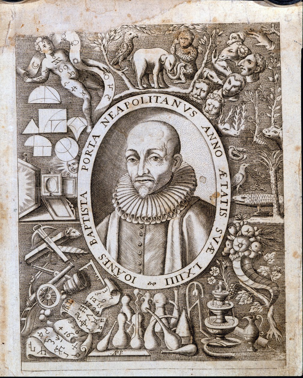Portrett av Giambattista (døperen Johannes, døperen Johannes) della Porta (1535 - 1615) på frontispicen til "Magiae Naturalis". 17. århundre. av Unknown artist