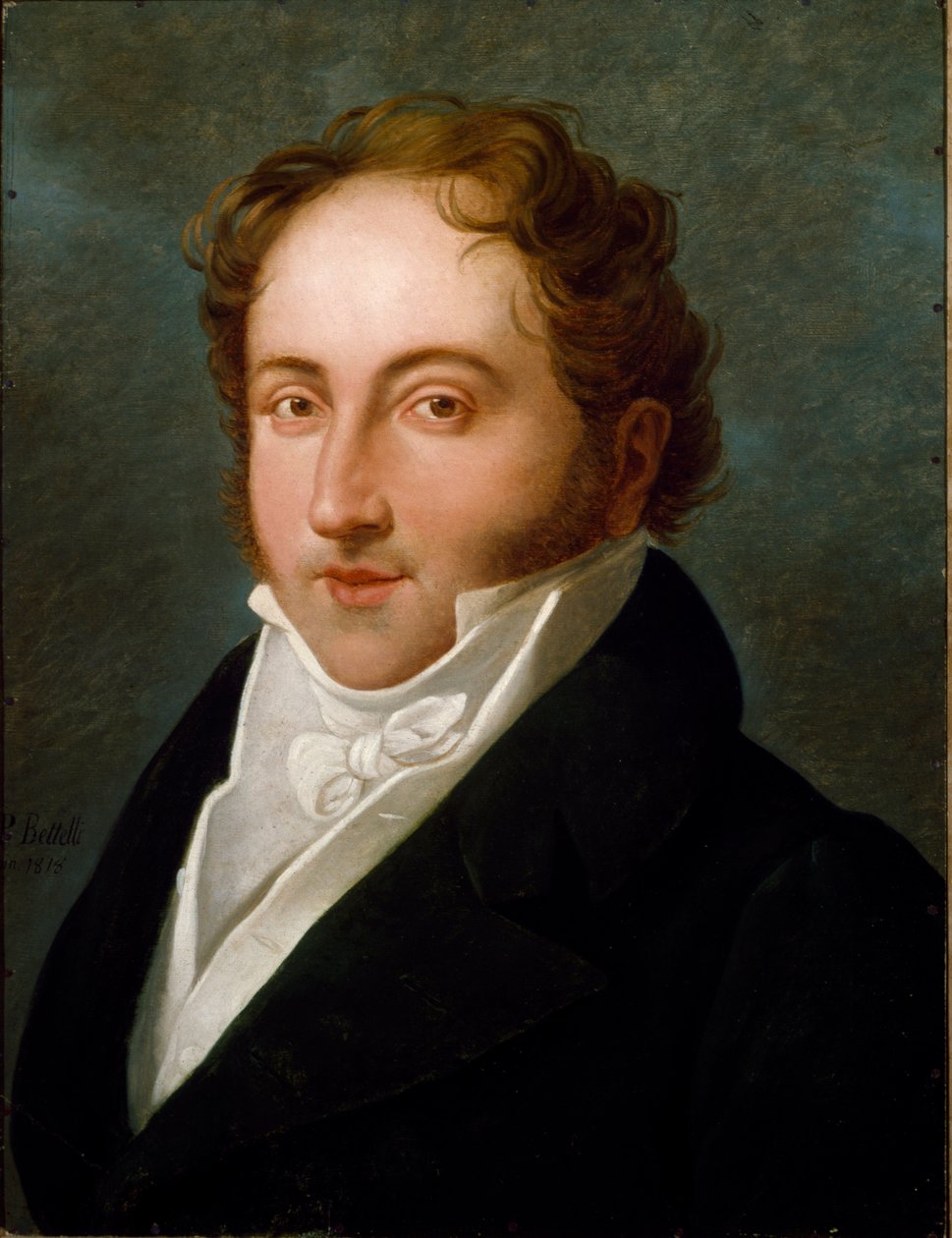 Portrett av Gioachino (Gioacchino) Rossini (1792-1868), italiensk komponist Anonym maleri. 1818 Bologna, Civic Musical Bibliographic Museum - Portrett av Gioacchino Rossini (1792-1868), italiensk komponist. Anonymt maleri 1818. Civico Museo Bibliografi av Unknown artist