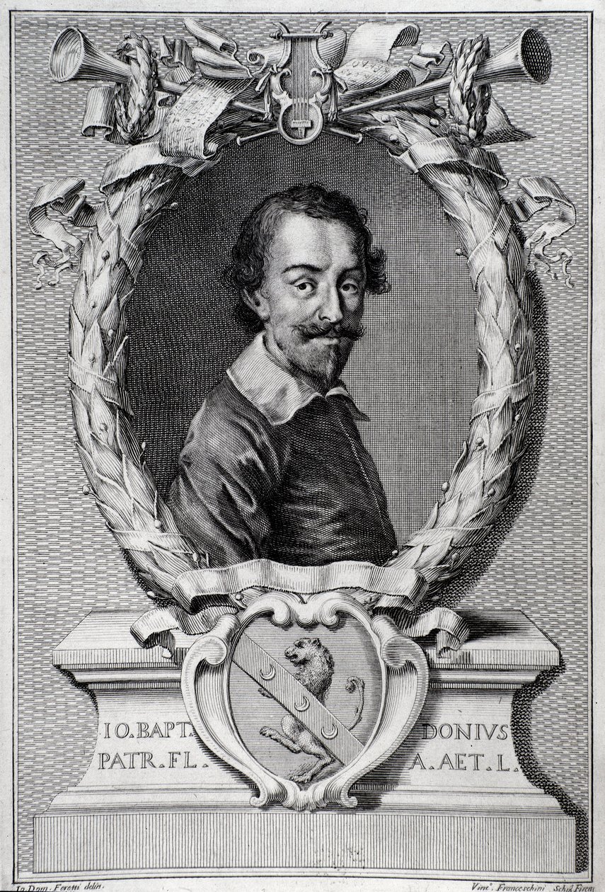 Portrett av Giovanni Battista Doni (1596-1647) italiensk musikolog Gravering fra frontispice av "Lyra Barberin"" av Unknown artist