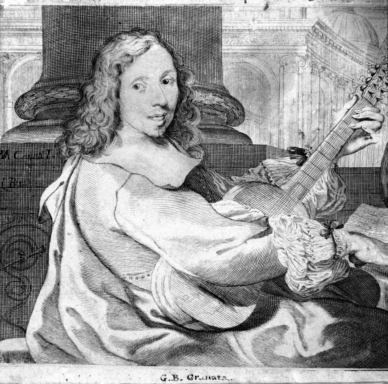 Portrett av Giovanni Battista Granata (1620 / 21-1687) italiensk gitarist og komponist Gravering. Bologna, borgermuseum for musikk av Unknown artist