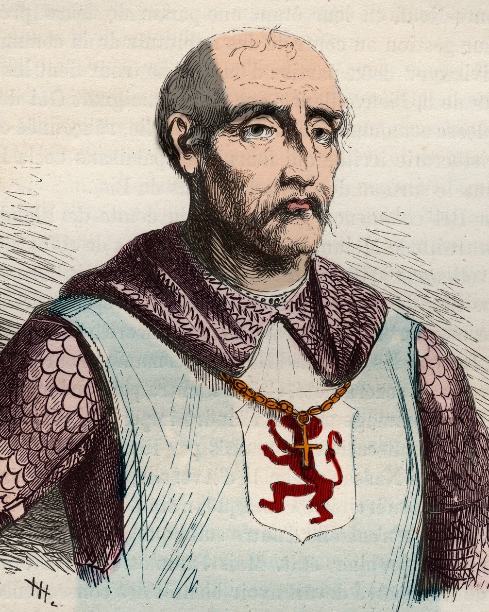 Portrett av Gui eller Guy de Dampierre (1226-1305) greve av Flandern og greve av Namur - Gravering fra 1868 i "Belgias historie fra primitiv tid til slutten av regjeringen til Leopold I""" av Theodore Juste (1818-1888) ). Privat samling. av Unknown artist