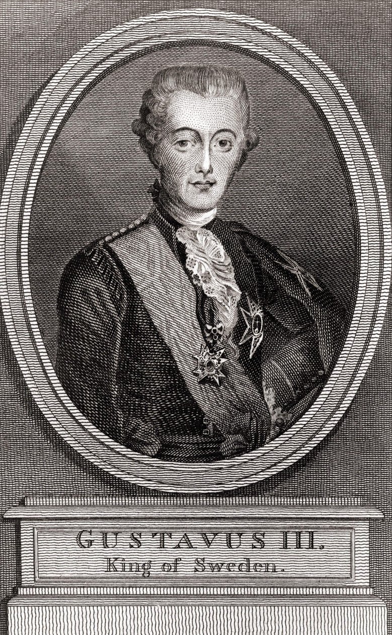Portrett av Gustave III (1746-1792), konge av Sverige fra 1771 til 1792, gravering av 1787 "" Collection to the Soldiers of Yesteryear"" av Unknown artist
