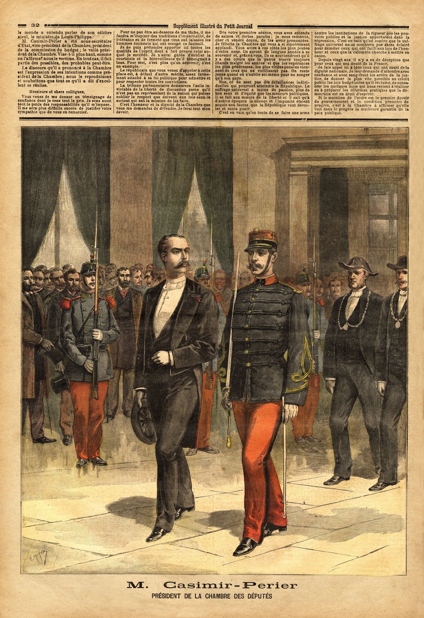 Portrett av Jean Casimir-Perrier (Casimir Perrier, Casimir Perrier, Casimir-Perrier) (1847-1907), ny president i Deputertkammeret. Gravering i "" Le petit journal"" 28.01.1893. Selvas samling. av Unknown artist
