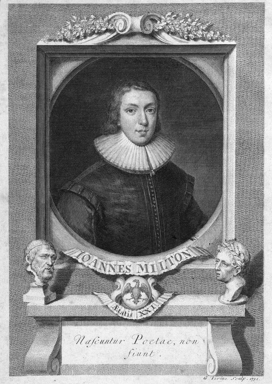 Portrait of John Milton, English poet and essayist (1608 - 1674) engraving 18th century av Unknown artist