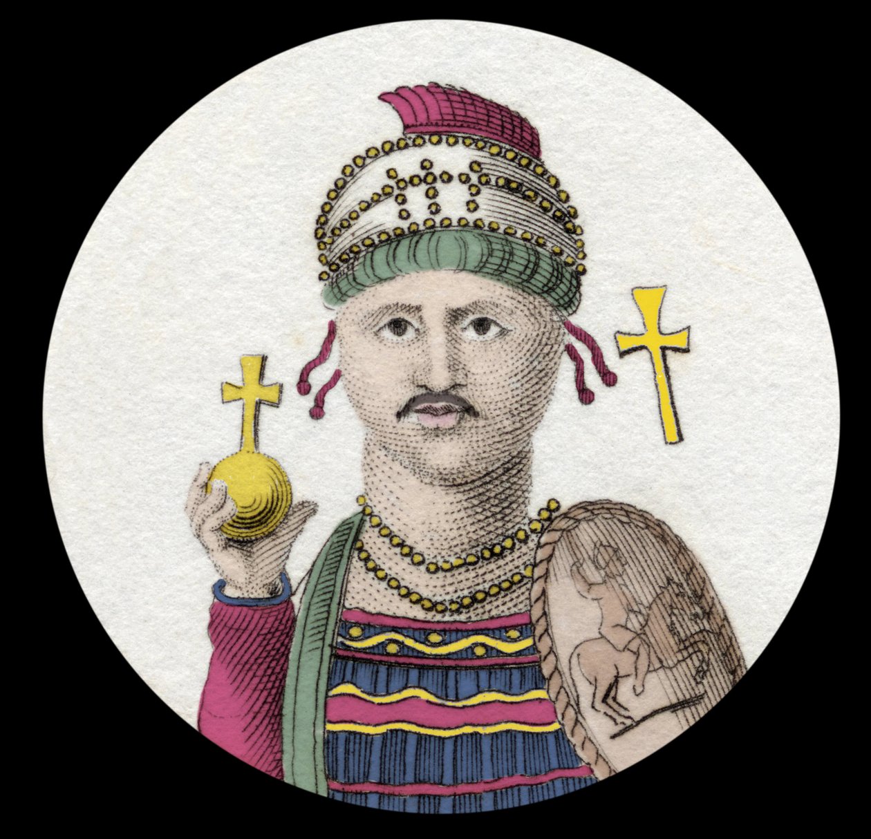 Portrett av Justinian I (Den store) (Flavius Petrus Sabbatius Justinianus) (482-565). Romersk keiser av Orienten. Gravering av 1800-tallet. av Unknown artist