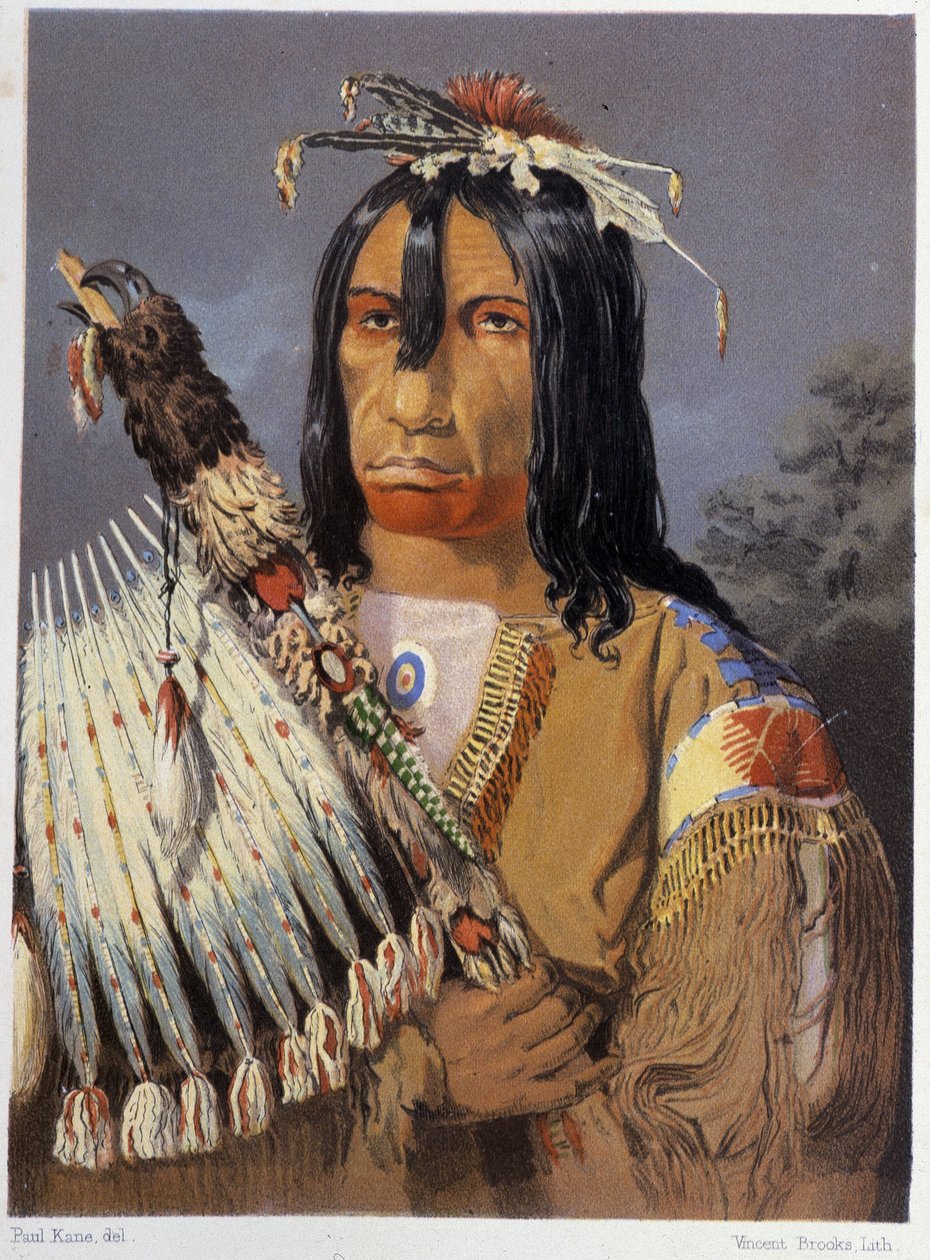 Portrett av Kee-Ake-Saa-Ka-Wow med kalumet - i "" Vandring av en kunstner blant indianerne i nord-Amerika"" av Paul Kane, Longmans & Roberts, London av Unknown artist