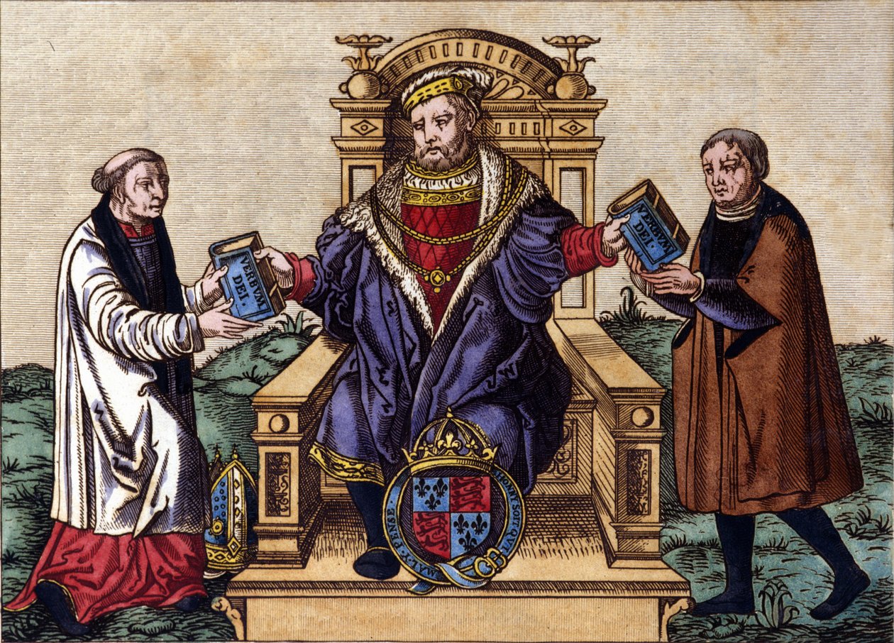 Portrett av kong Henry VIII av England (1491 - 1547) på sin trone, og sender ut Bibelen til to hoffmenn. Fargegravering. av Unknown artist