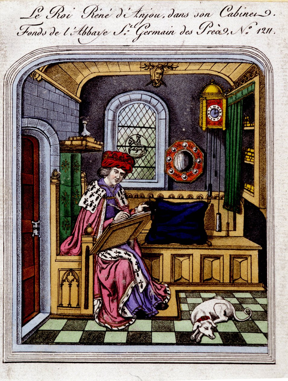 Portrett av kong Rene av Anjou (1409-1480)”” kaller også Rene I av Napoli eller Rene av Sicilia, i sitt kabinett - gravering etter en miniatyr av Unknown artist