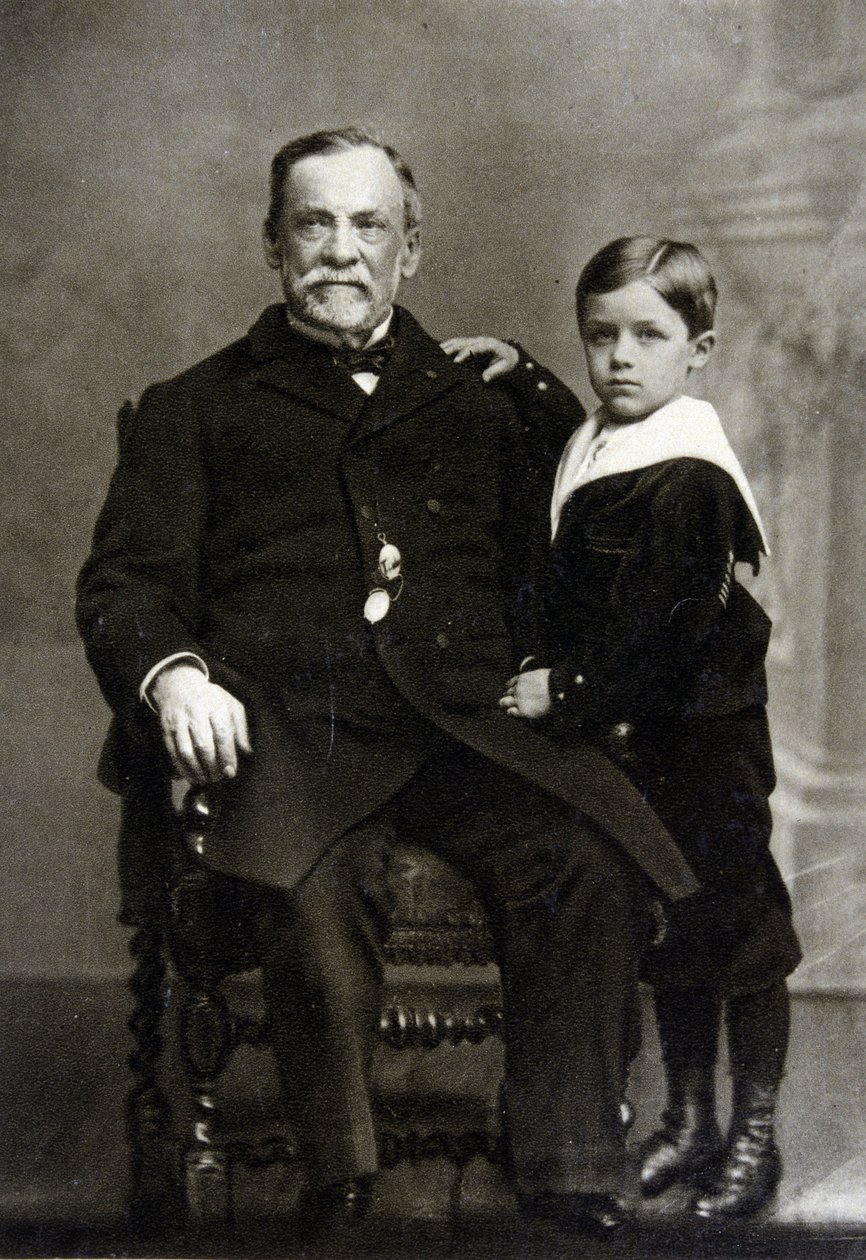 Portrett av Louis Pasteur (1822 - 1895) og hans barnebarn Louis Pasteur Vallery - Radot i 1893. av Unknown artist