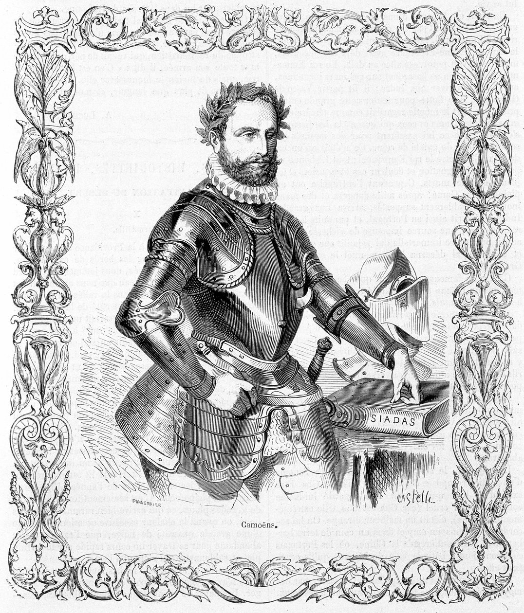 Portrett av Luis de Camoens i rustning - gravering av Unknown artist