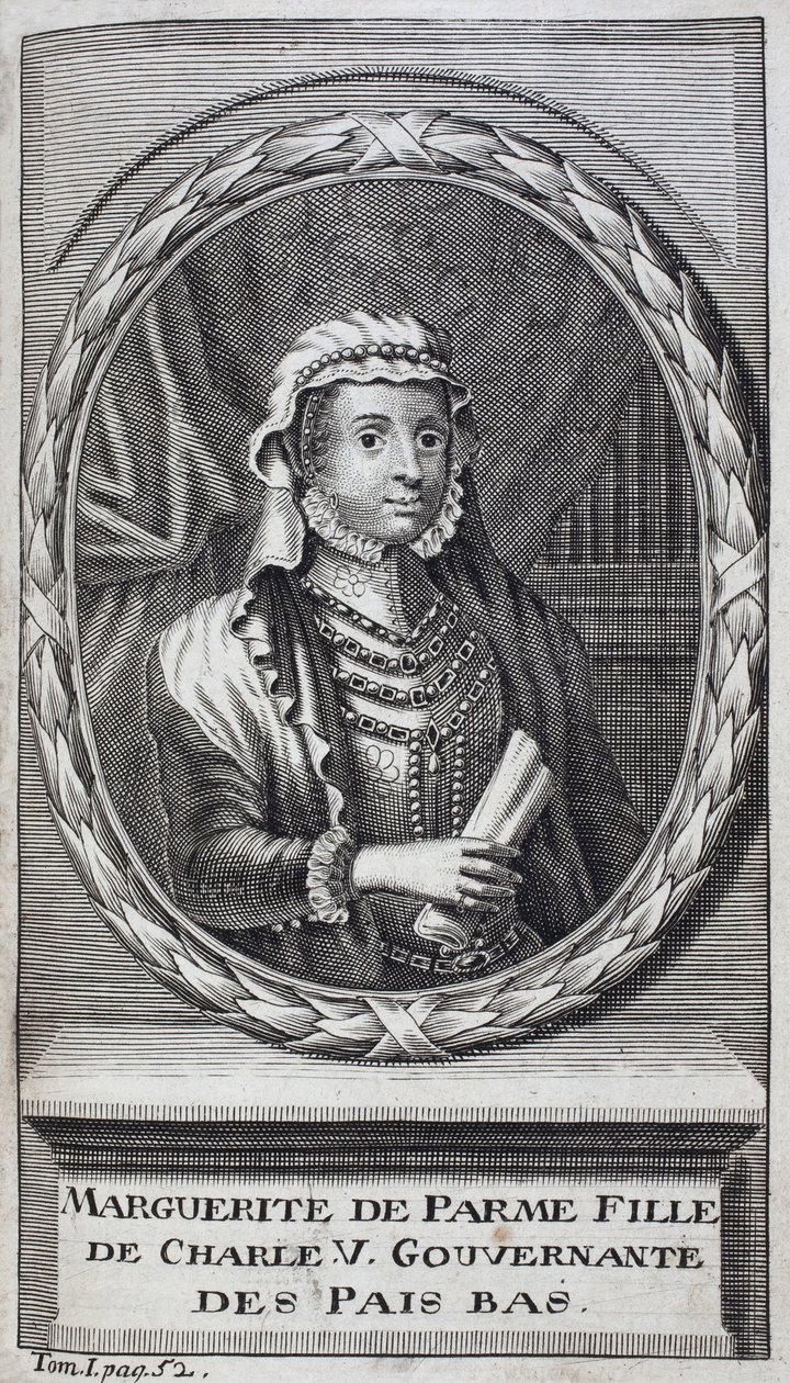 Portrett av Margarita av Parma (eller Margarita av Østerrike) (1522-1586), hertuginne av Parma og Piacenza, naturlig datter av Charles V (1500-1558) og guvernør i Nederland (Nederland) fra 1559-1581. Gravering for å illustrere "History of the War of Fla av Unknown artist