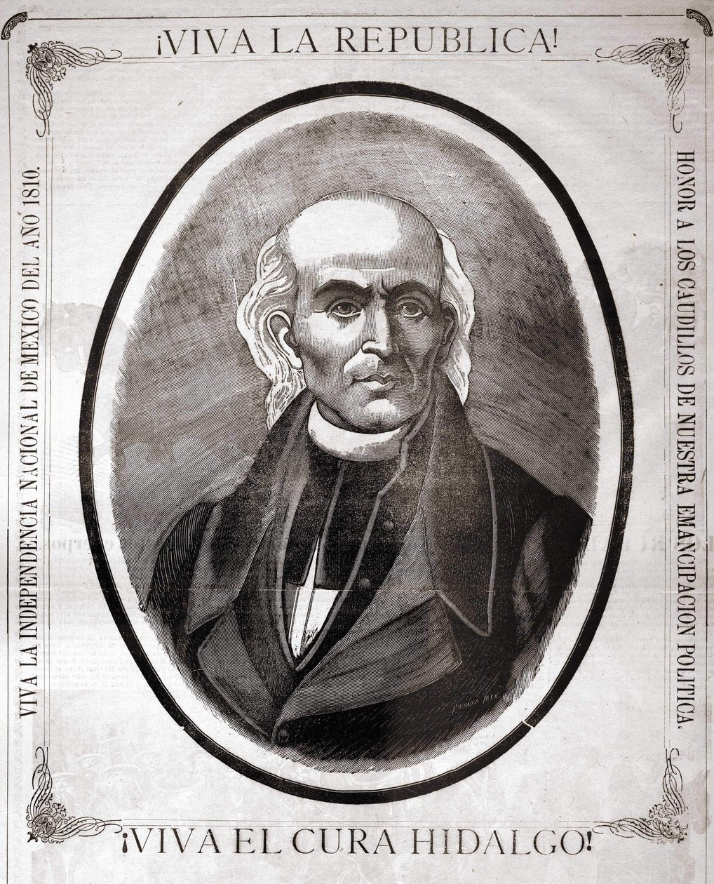 Portrett av Miguel Hidalgo y Costilla (1753 - 1811), meksikansk prest (i 1810 proklamerte han landets uavhengighet). Gravering laget til hans ære på slutten av 1800-tallet. av Unknown artist