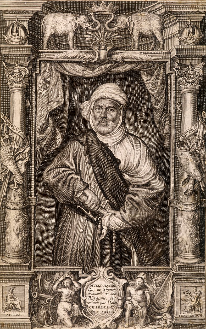 Portrett av Muley Hazen (maurisk konge), kongen av Thunes fratatt sitt rike og gjenopprettet av keiser Charles V, Tunisia 1535. av Unknown artist