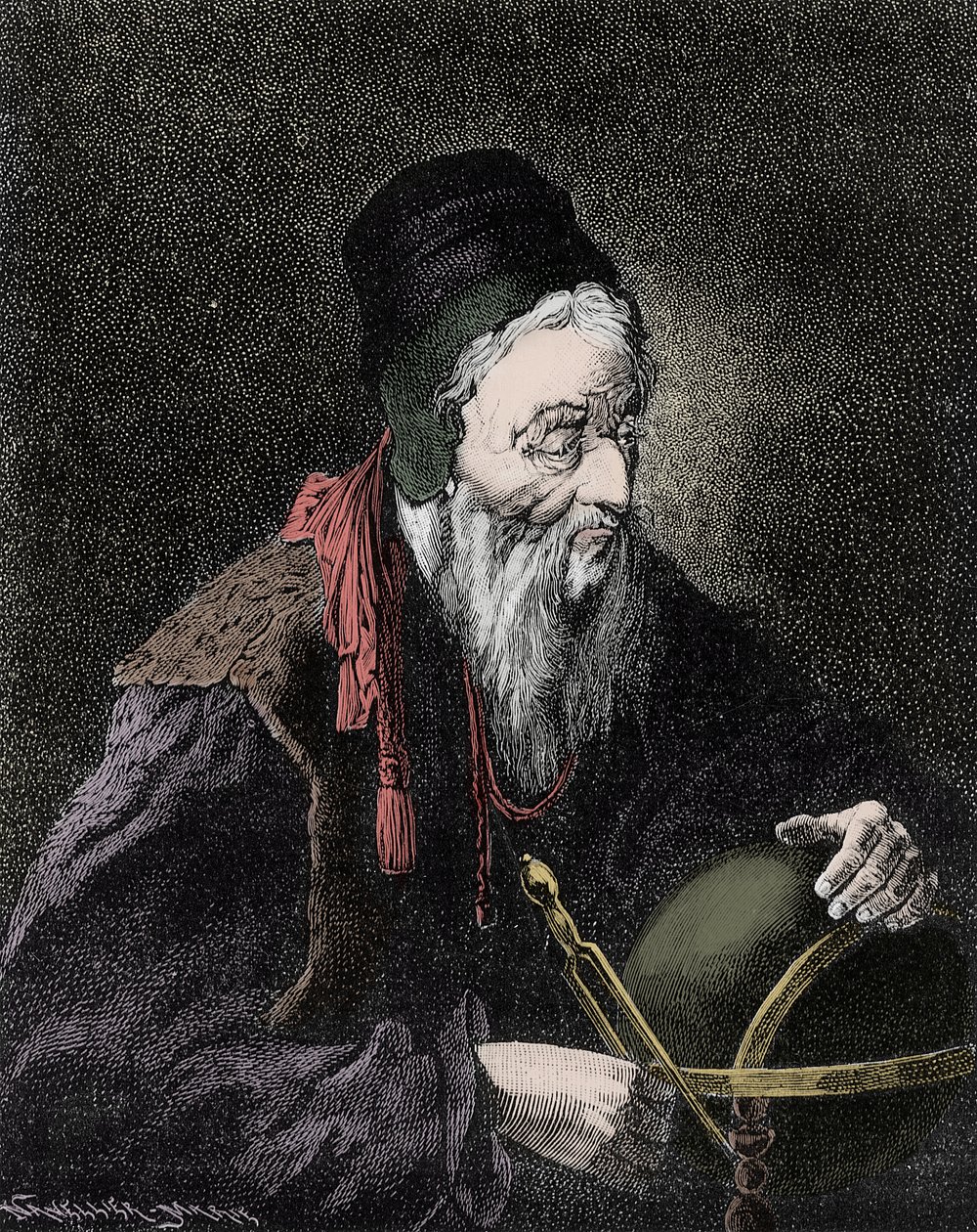 Portrett av Nostradamus, Michel de Notre Dame (1503-1566) fransk astrolog og lege - Gravering fra 1800-tallet av Unknown artist